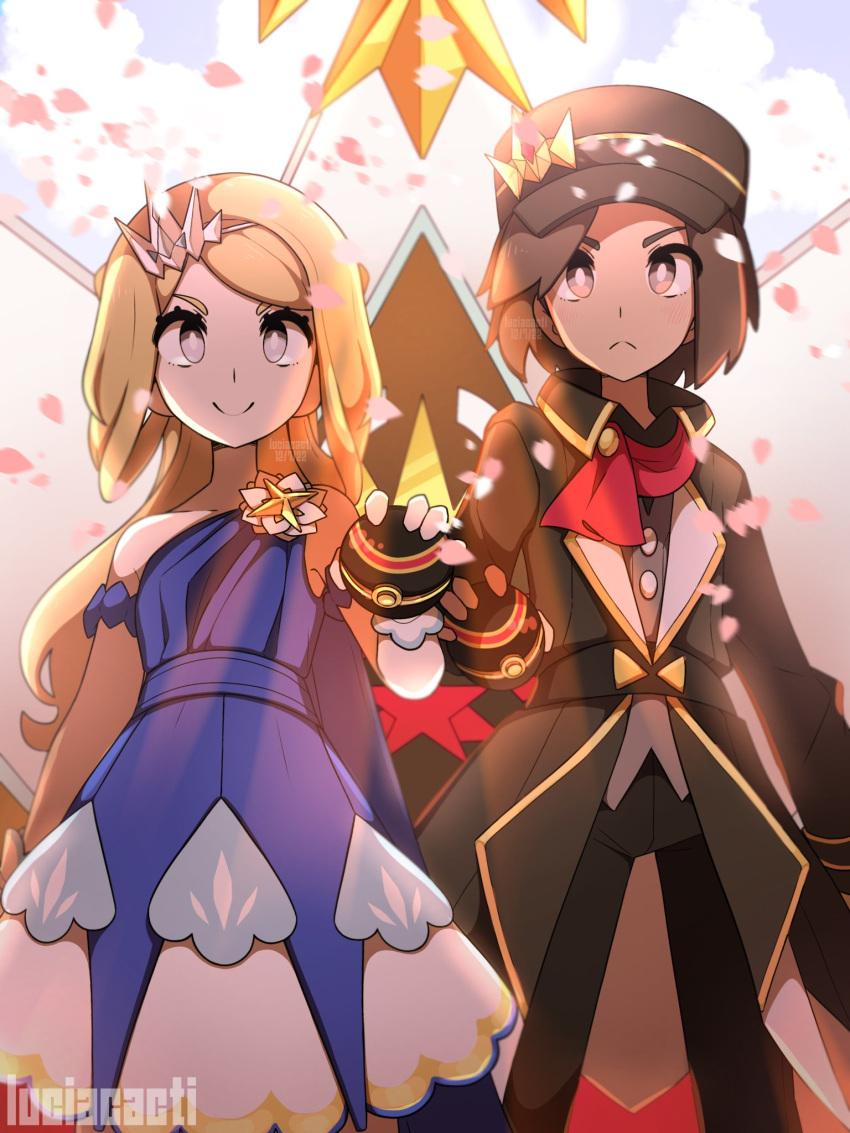 1boy, 1girl, black_hair, black_headwear, blue_dress, blue_sky, calem_(champion)_(pokemon), calem_(pokemon)