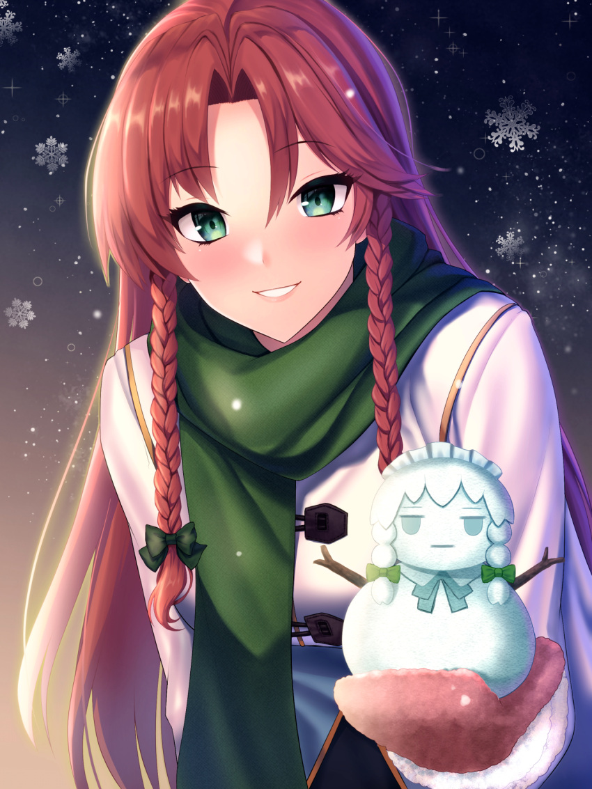 1girl, bow, braid, commentary_request, green_bow, green_eyes, green_scarf, hair_bow