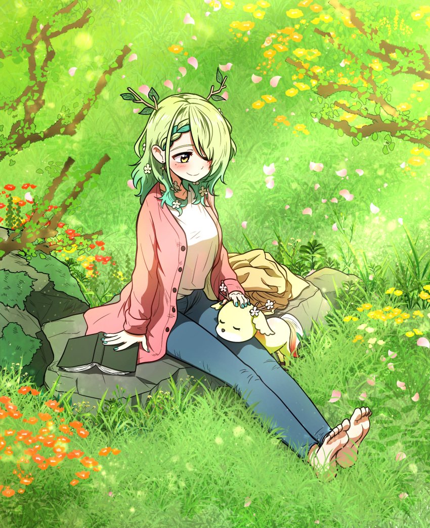 1girl, absurdres, antlers, barefoot, blush, ceres_fauna, commentary, ddolbang