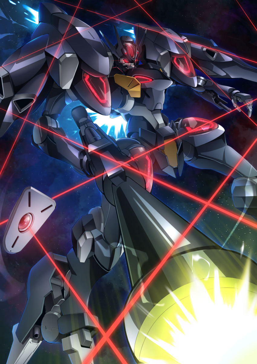 firing, flying, funnels_(gundam), gamiani_zero, glowing, glowing_eyes, gun, gundam