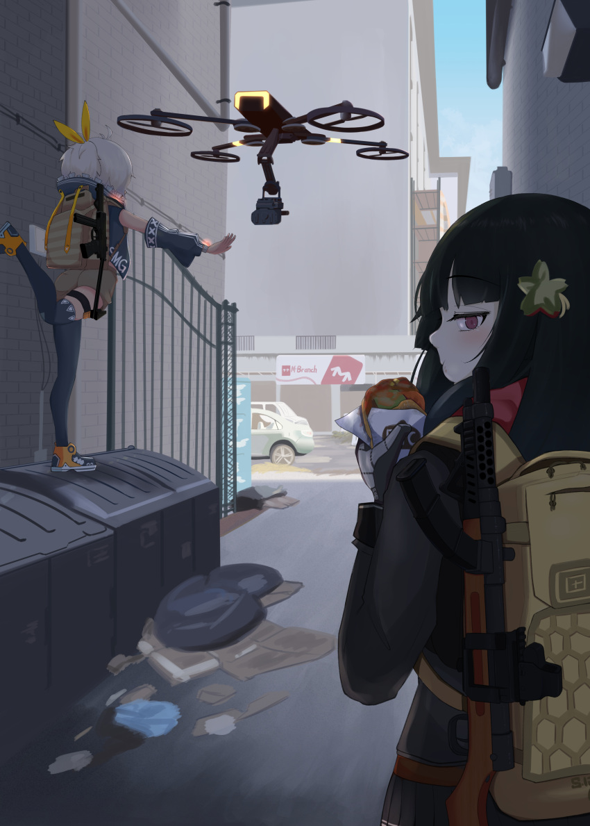 2girls, absurdres, ahoge, alley, animal_hood, ass, backpack, bag