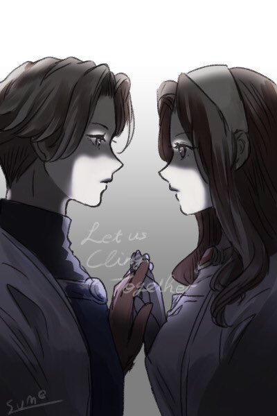 1boy, 1girl, brother_and_sister, brown_hair, catiua_powell, closed_mouth, denim_powell, english_text