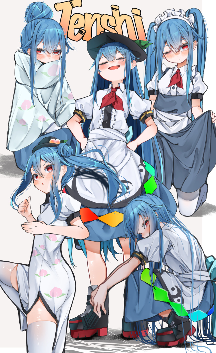 5girls, :d, absurdres, adapted_costume, alternate_costume, alternate_hairstyle, black_headwear, blue_hair