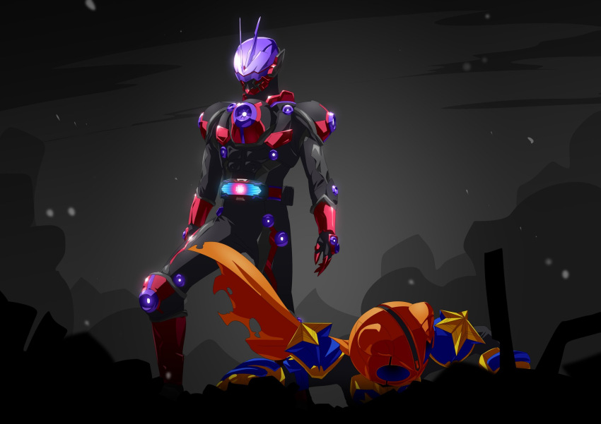 2boys, abs, armor, bear, black_armor, black_bodysuit, bodysuit, brass_knuckles, bug, camera, cape, contrapposto, defeat, driver_(kamen_rider), gloves, glowing, highres, kamen_rider, kamen_rider_geats_(series), kamen_rider_glare, kamen_rider_punkjack, male_focus, manly, multiple_boys, muscular, muscular_male, open_hand, otokamu, power_armor, red_armor, red_footwear, red_gloves, rider_belt, star_(symbol), tokusatsu, villain_pose, violet_eyes, vision_driver, visor_(armor), weapon