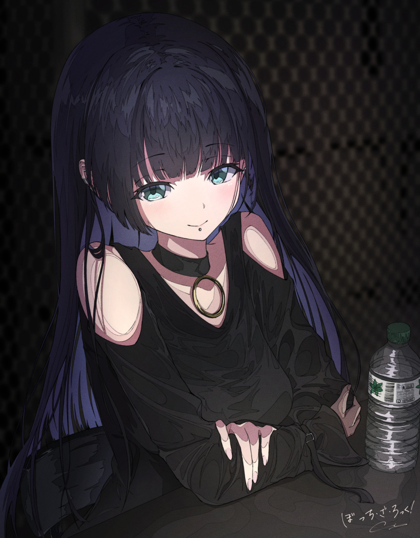 1girl, aqua_eyes, arm_on_table, bangs, bare_shoulders, black_dress, black_hair, blunt_bangs, bocchi_the_rock!, bottle, chin_piercing, choker, ci4, colored_inner_hair, dress, ear_piercing, gothic, hand_on_arm, highres, hime_cut, long_hair, long_sleeves, looking_at_viewer, multicolored_hair, pa-san, piercing, sitting, smile, table, very_long_hair, water_bottle