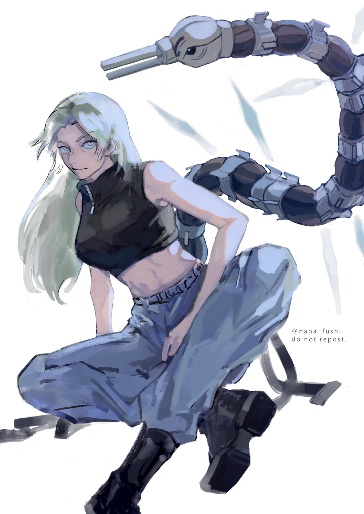 1girl, artist_request, blonde_hair, garuda_(jujutsu_kaisen), highres, jujutsu_kaisen, looking_at_viewer, midriff, shikigami, simple_background, tsukumo_yuki_(jujutsu_kaisen), white_background