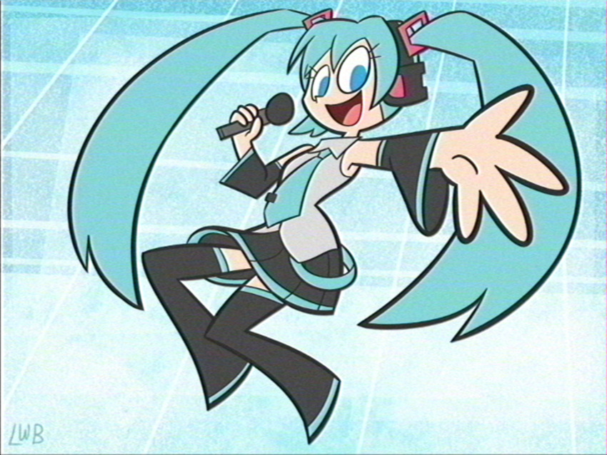 1girl, aqua_hair, aqua_necktie, bare_shoulders, black_skirt, black_sleeves, black_thighhighs, blue_eyes
