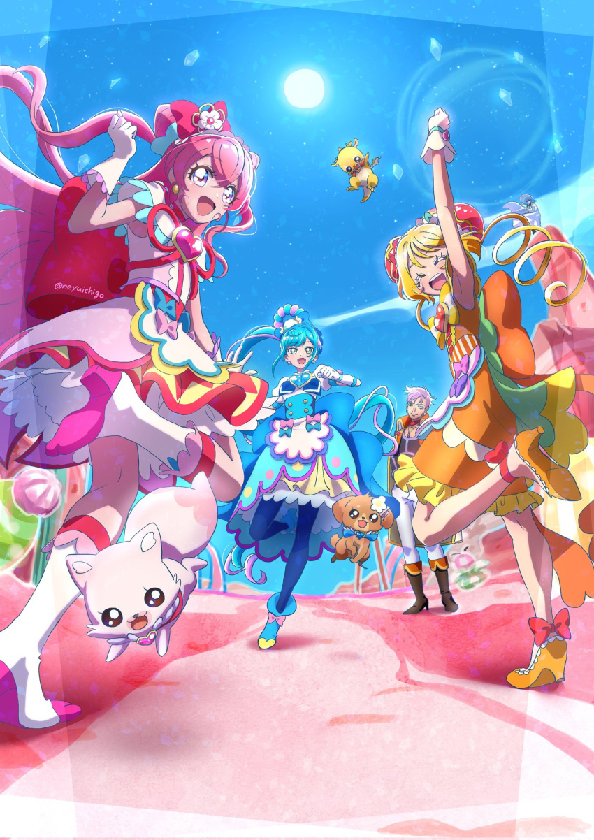 1boy, 3girls, back_bow, blonde_hair, blue_hair, boots, bow, brooch