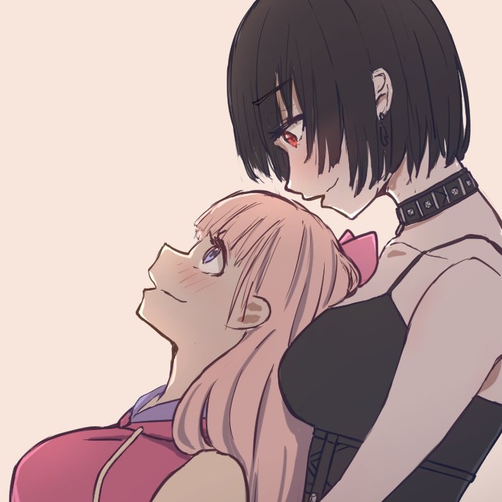 2girls, artbydefault, bangs, black_hair, blush, bong, collar, corviknight, hood, hoodie, leaning_on_person, multiple_girls, personification, pink_background, pokemon, pokemon_(game), pokemon_sv, red_eyes, short_hair, smile, tinkaton, upper_body, violet_eyes