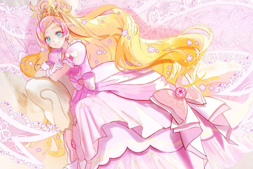 1girl, aqua_eyes, bangs, blonde_hair, bow, crown, cure_flora, cure_flora_(mode_elegant)