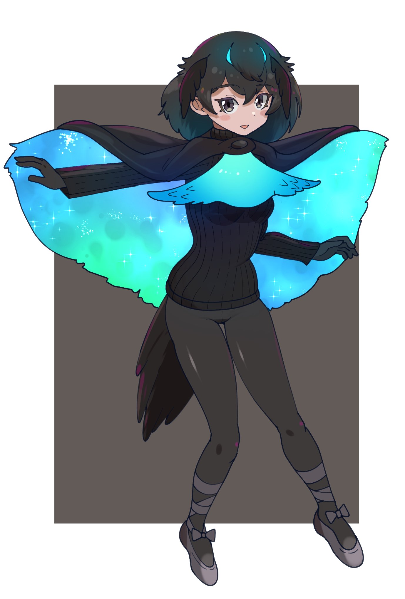 ballet_slippers, bird_girl, bird_tail, bird_wings, black_cape, black_footwear, black_gloves, black_hair