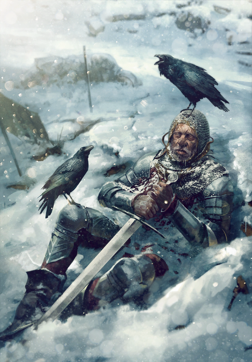 armor, bird, bird_wings, crow, death, frost, frostbite, frozen, gwent_(game), highres, holding, holding_sword, holding_weapon, lying, non-web_source, on_back, on_ground, snow, sword, the_witcher_(series), weapon, wings