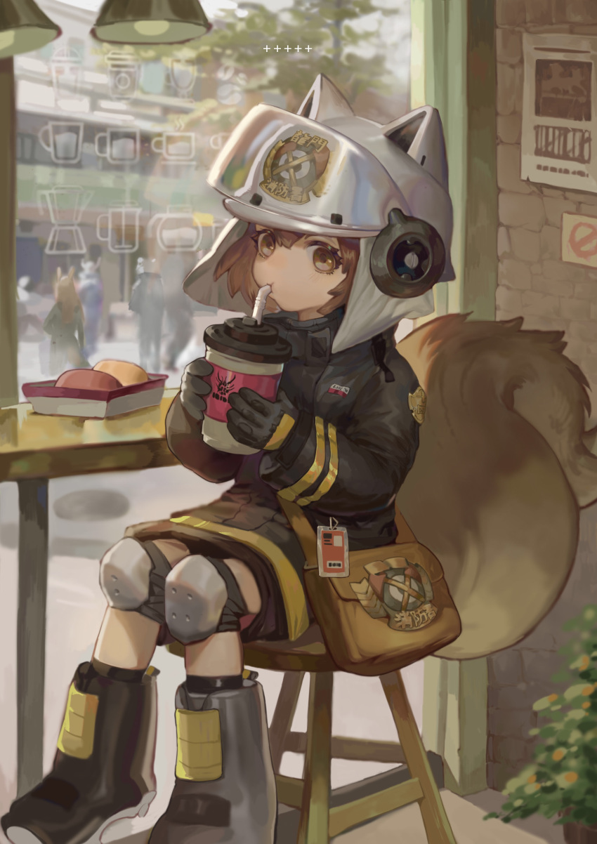 1girl, :t, absurdres, animal_ears_helmet, arknights, bag, bangs, bingansuan_jiamouren