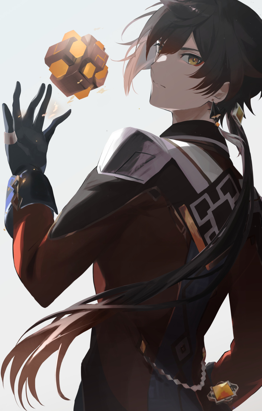 1boy, absurdres, bangs, black_gloves, black_hair, black_jacket, brown_hair, brown_jacket