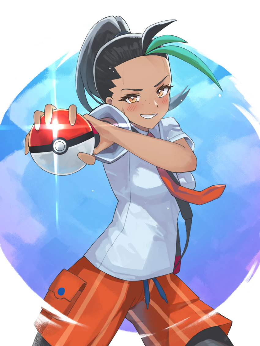 1girl, black_hair, blush, brown_eyes, commentary_request, eyelashes, freckles, green_hair
