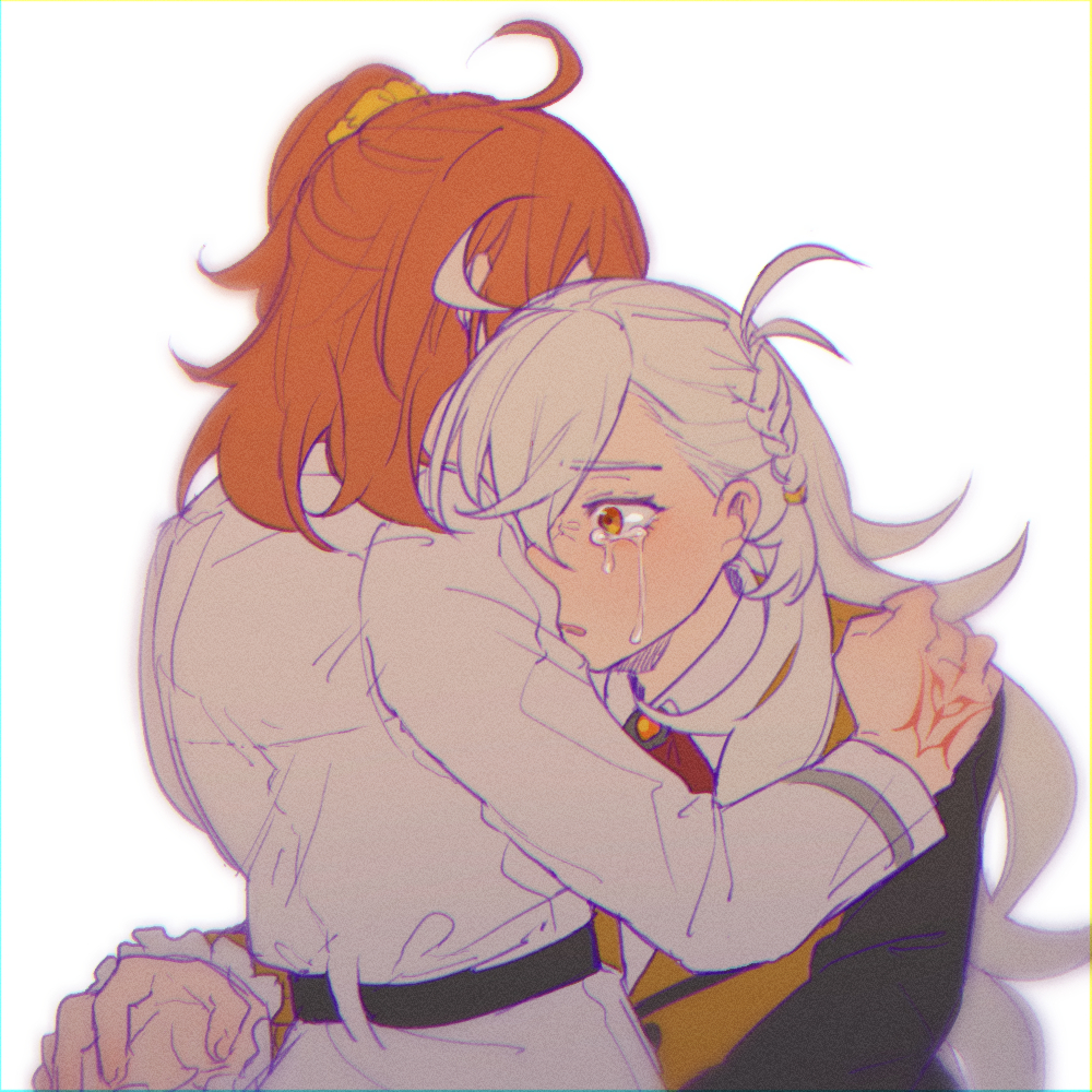 2girls, ahoge, antenna_hair, ascot, bangs, belt, black_belt, braid