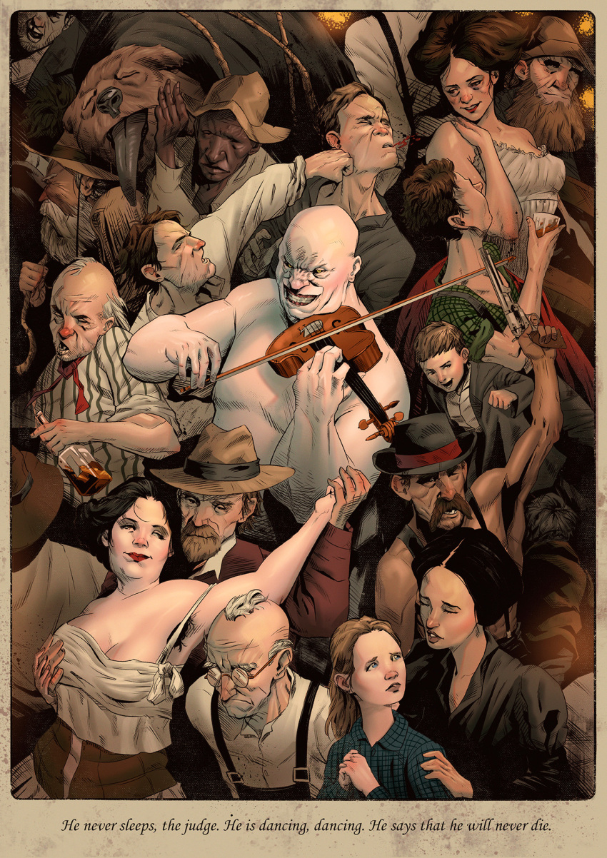 3girls, alcohol, alexey_efremov, beard, blood_meridian, colt_single_action_army, cowboy_western, dark_skin, dog, english_text, everyone, facial_hair, glasses, grin, gun, highres, holding, holding_instrument, instrument, multiple_boys, multiple_girls, music, mustache, pale_skin, playing_instrument, revolver, smile, source_quote, violin, weapon