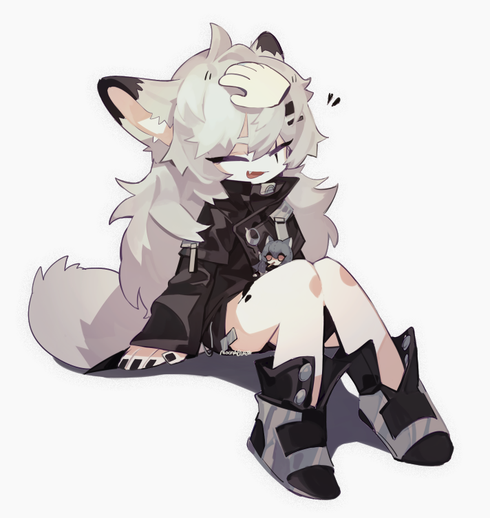 1girl, :d, ^_^, animal_ears, arknights, bangs, black_footwear, black_jacket, black_nails, boots, character_doll, closed_eyes, commentary_request, disembodied_limb, fang, full_body, grey_hair, headpat, jacket, knees_together_feet_apart, lappland_(arknights), long_hair, long_sleeves, moonagvaze, on_floor, open_mouth, scar, scar_on_face, signature, simple_background, sitting, smile, solo, tail, texas_(arknights), white_background, wolf_ears, wolf_girl, wolf_tail