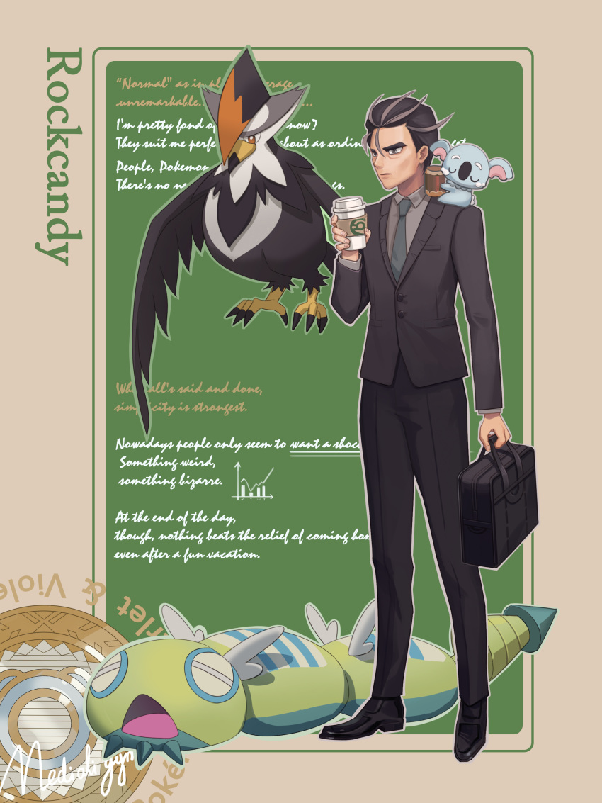 1boy, absurdres, black_footwear, black_hair, black_jacket, black_pants, briefcase, closed_mouth