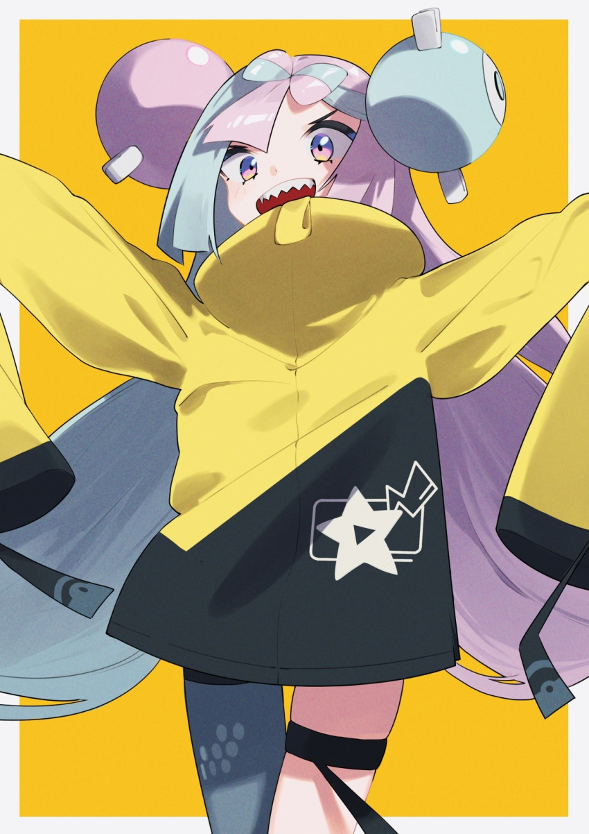 1girl, :d, aoi_(altea0923), bangs, character_hair_ornament, commentary_request, green_hair, grey_pantyhose