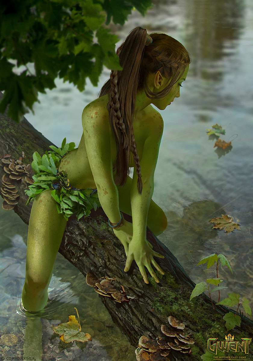 1girl, afloat_leaves, akreon, branch, colored_skin, dryad, fantasy, green_skin, gwent_(game), highres, leaf, looking_down, mushroom, river, sitting, the_witcher_(series), tree, water, watermark