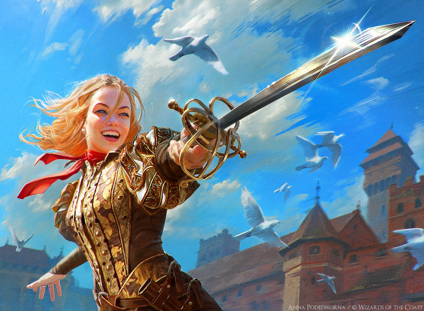 1girl, akreon, artist_name, bird, bird_wings, blonde_hair, blue_sky, clouds, company_name, european_architecture, european_city, european_clothes, fantasy, glint, happy, holding, holding_sword, holding_weapon, long_hair, magic:_the_gathering, necktie, pointing_sword, pointing_weapon, puffy_sleeves, rapier, realistic, red_necktie, sheath, sky, standing, sword, weapon, wings
