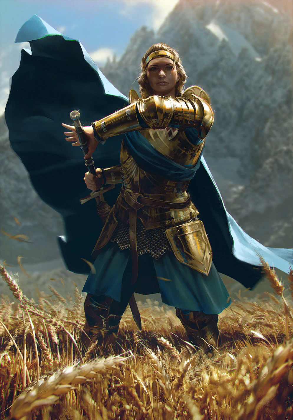 1girl, akreon, blonde_hair, drawing_sword, european_clothes, highres, holding, holding_sword, holding_weapon, looking_ahead, meve_(witcher), mountainous_horizon, official_art, standing, sword, the_witcher_(series), thronebreaker:the_witcher_tales, weapon, wheat, wheat_field