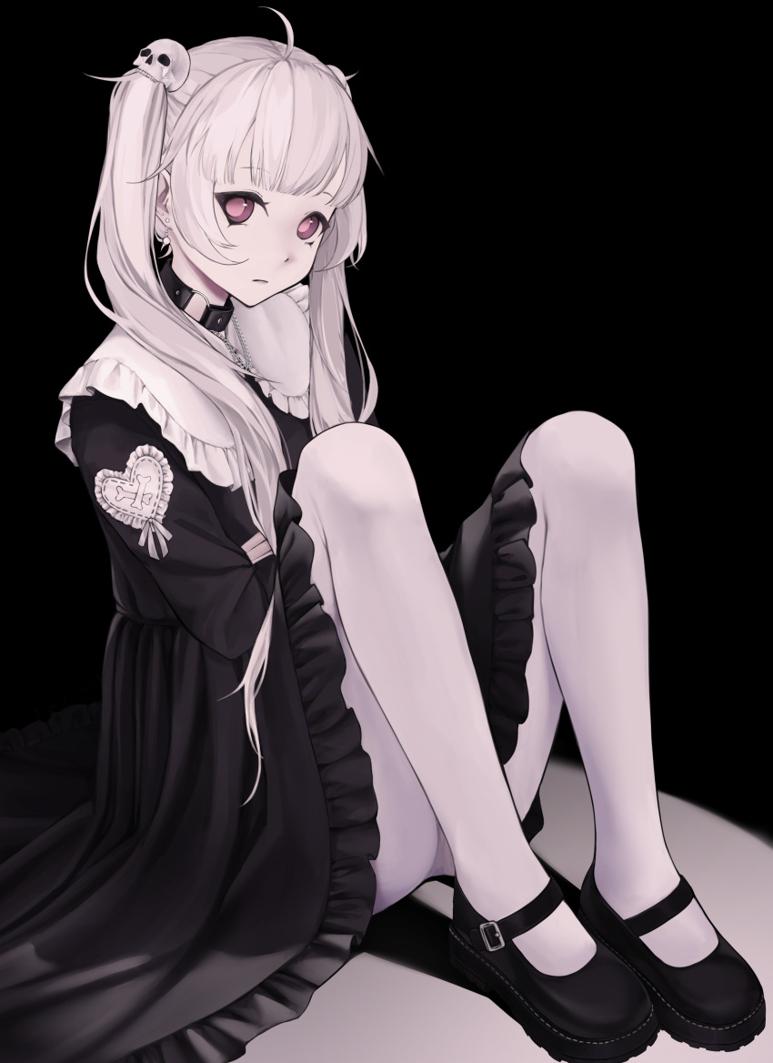 1girl, absurdres, bangs, collar, earrings, frills, hair_ornament, highres, jewelry, lolita_fashion, long_hair, looking_at_viewer, mary_janes, original, pantyhose, shoes, solo, twintails, violet_eyes, waytok, white_hair, white_pantyhose