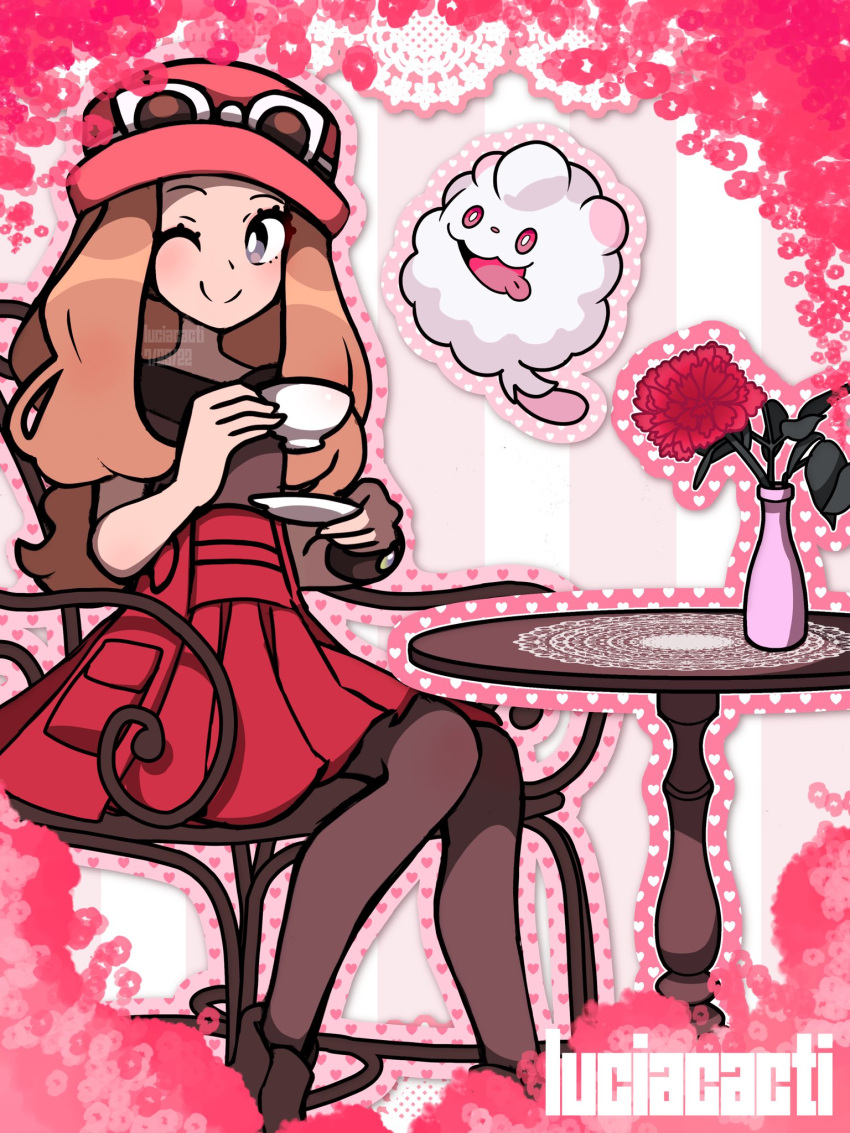 1girl, black_footwear, black_shirt, blonde_hair, chair, collared_shirt, cup, eyewear_on_head