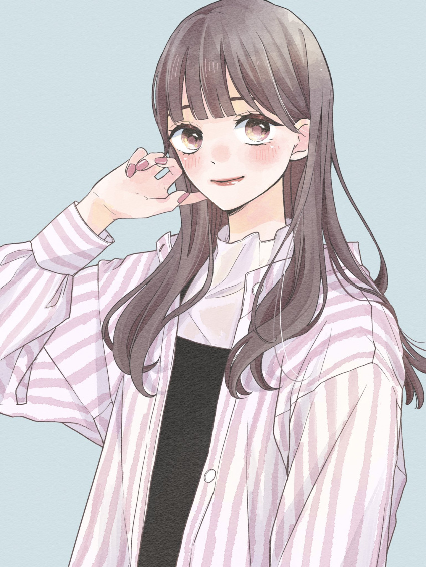 1girl, bangs, black_shirt, blush, brown_eyes, brown_hair, brown_nails, casual