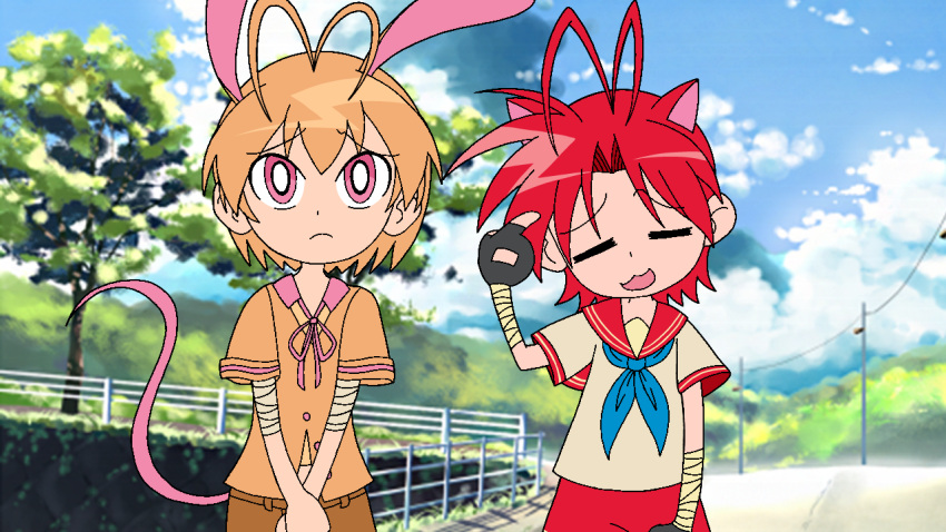 2000s_(style), 2girls, ahoge, animal_ears, animification, antenna_hair, bangs, bare_shoulders