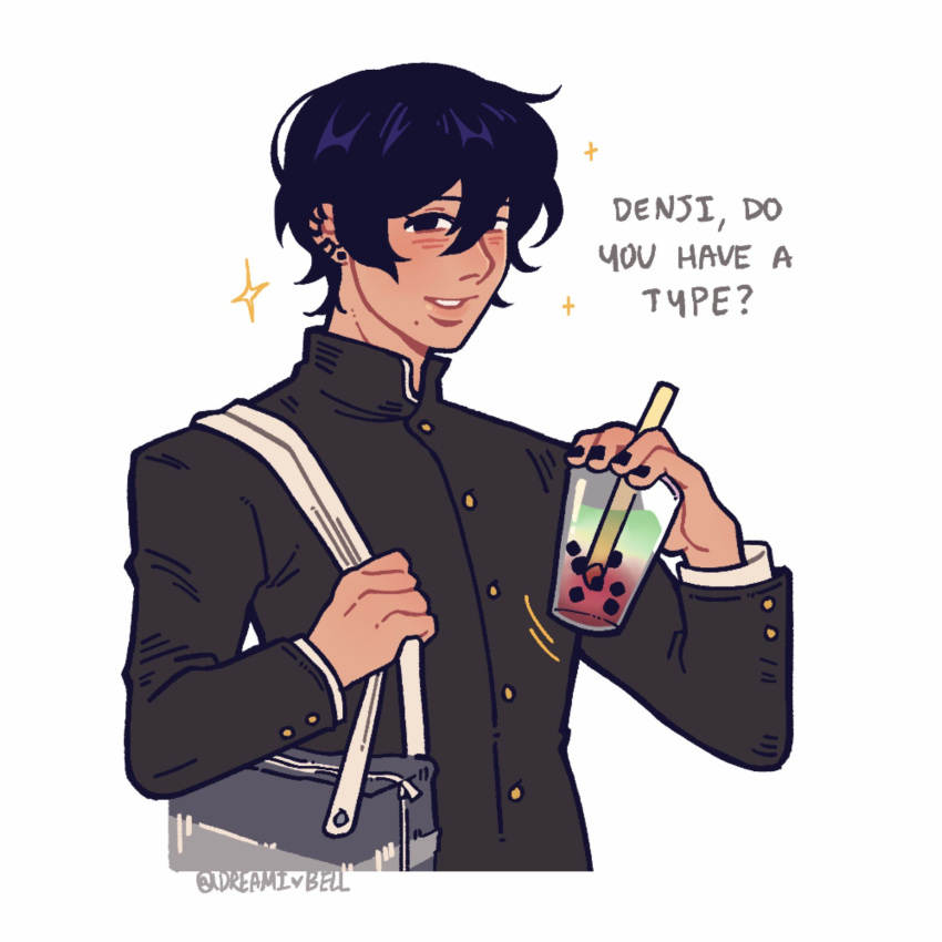 1boy, bag, bangs, black_hair, black_jacket, bubble_tea, chainsaw_man, cropped_torso