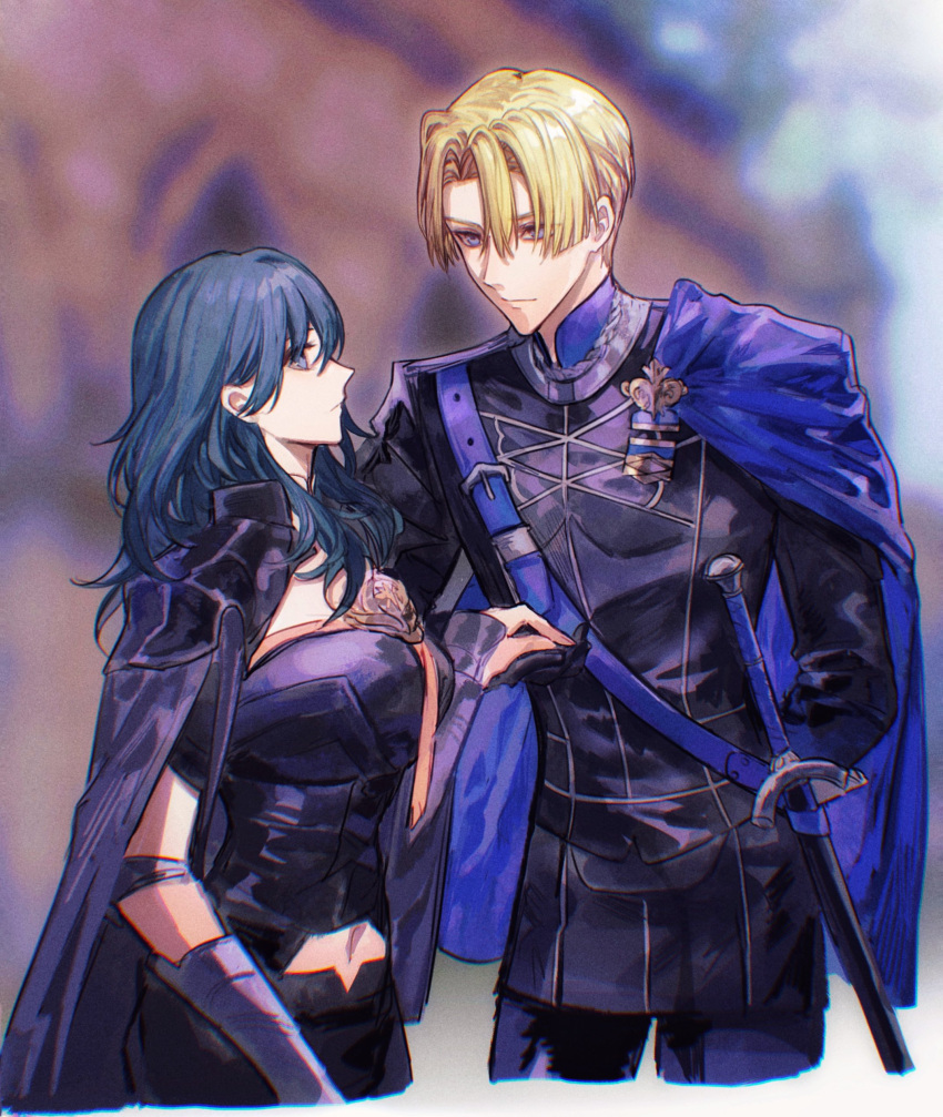 1boy, 1girl, absurdres, arm_behind_back, bangs, belt, black_cape, black_jacket, black_pants, blonde_hair, blue_belt, blue_cape, blue_eyes, blue_hair, blurry, blurry_background, breasts, byleth_(fire_emblem), byleth_eisner_(female), cape, cowboy_shot, dimitri_alexandre_blaiddyd, fire_emblem, fire_emblem:_three_houses, hair_between_eyes, highres, jacket, long_hair, looking_at_another, medium_breasts, military, military_uniform, naoki_(2rzmcaizerails6), pants, parted_bangs, short_hair, shoulder_belt, sword, uniform, weapon