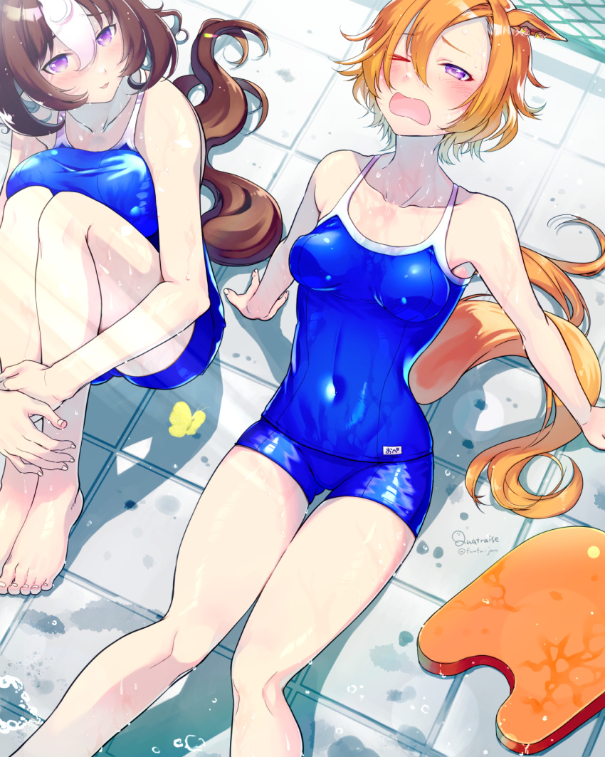 2girls, animal_ears, artist_name, bangs, barefoot, blue_one-piece_swimsuit, breasts, brown_hair