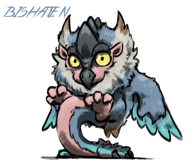 animal_focus, bishaten, blacknirrow, character_name, chibi, claws, commentary, english_commentary, english_text, full_body, fur_collar, hands_up, looking_at_viewer, monster_hunter_(series), monster_hunter_rise, no_humans, simple_background, solo, standing, white_background, yellow_eyes