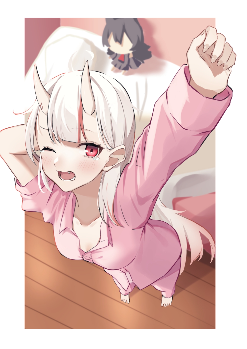 1girl, arm_behind_head, arm_up, bangs, blurry, blurry_background, blush, breasts