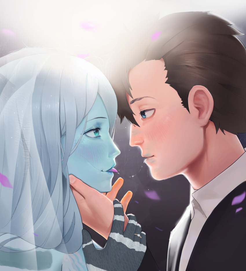 1boy, 1girl, absurdres, after_kiss, blue_eyes, blush, boonie_baby, borrowed_character