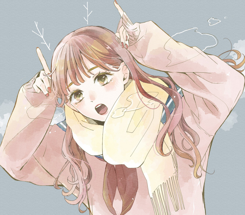 1girl, baggy_clothes, bangs, blue_sailor_collar, blush, brown_eyes, brown_hair, brown_neckerchief, drawn_antlers, eyelashes, fingernails, furusato_kou, grey_background, hand_on_own_head, hand_up, highres, long_hair, long_sleeves, looking_at_viewer, neckerchief, open_mouth, original, red_nails, sailor_collar, scarf, school_uniform, serafuku, sleeves_past_wrists, solo, steam, teeth, upper_body, upper_teeth, yellow_eyes, yellow_scarf