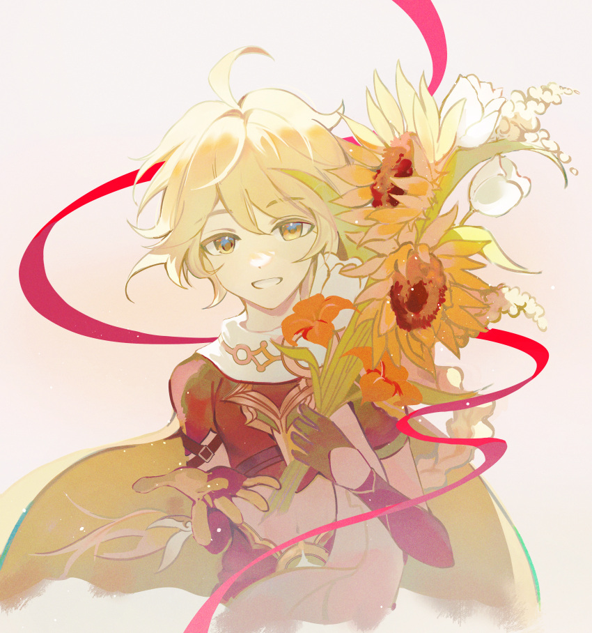 1boy, absurdres, aether_(genshin_impact), ahoge, armor, blonde_hair, braid, capelet, flower, flve, genshin_impact, gloves, hair_between_eyes, highres, holding, holding_flower, looking_at_viewer, male_focus, midriff, scarf, simple_background, solo, sunflower, upper_body, white_background, white_capelet, white_flower, yellow_eyes