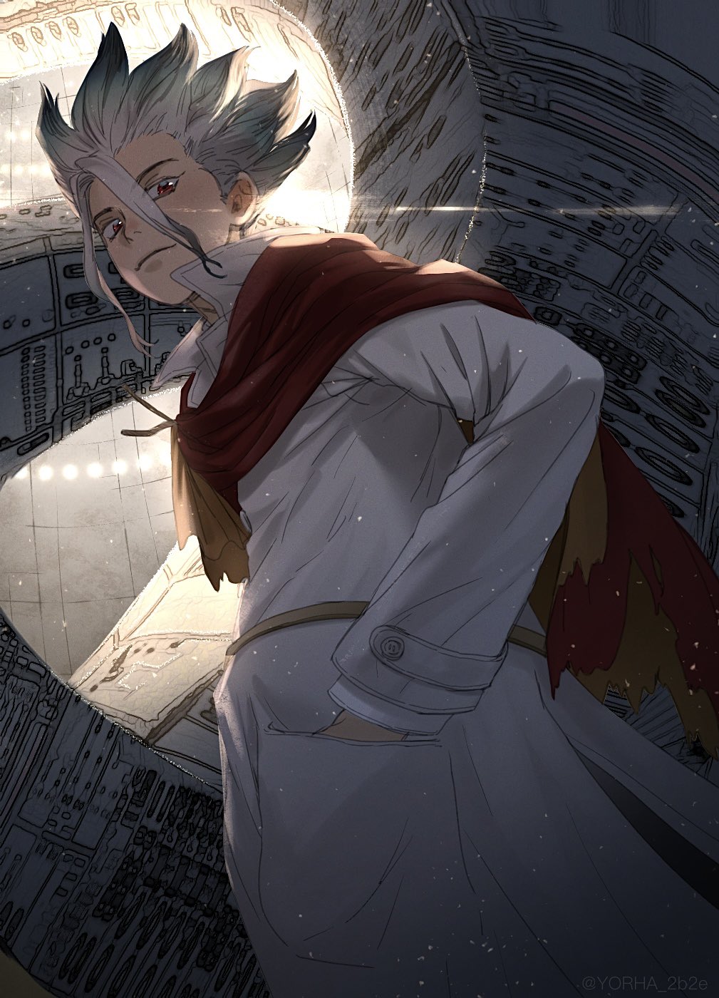 1boy, cape, closed_mouth, coat, commentary_request, dr._stone, dutch_angle, gradient_hair