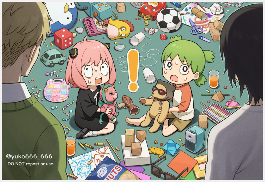!, 2boys, 2girls, anya_(spy_x_family), artist_name, ball, bird, black_dress