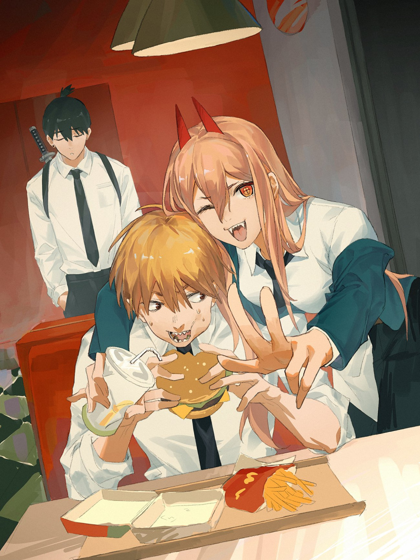 1girl, 2boys, black_hair, black_necktie, blonde_hair, burger, chainsaw_man, chest_belt