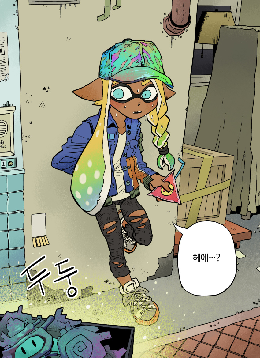 1boy, against_wall, alley, androgynous, asymmetrical_hair, baseball_cap, black_pants, blue_eyes