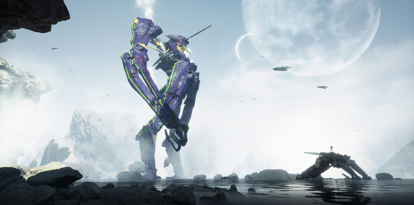 1girl, 3d, absurdres, aircraft, english_commentary, eva_01, evangelion_(mecha), fog, highres, horns, lake, machinery, mecha, moon, mountain, neon_genesis_evangelion, non-humanoid_robot, original, realistic, redesign, robot, science_fiction, single_horn, smoke, spacecraft, super_robot, walker, water, zhangluye