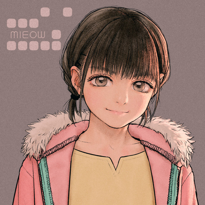 1girl, bangs, brown_eyes, brown_hair, circle_name, closed_mouth, female_child, fur-trimmed_jacket