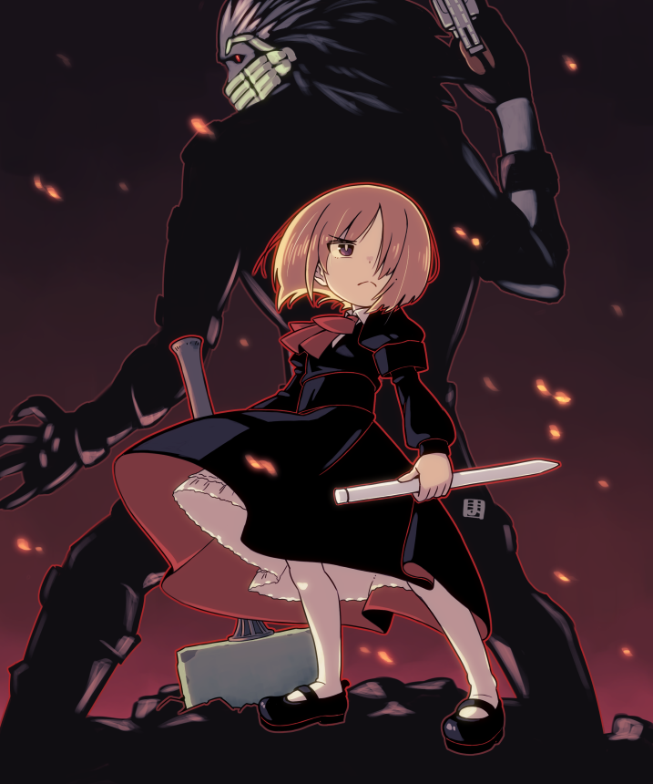 1boy, 1girl, bangs, black_dress, black_footwear, black_hair, brown_eyes, brown_hair