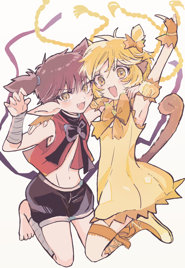 1boy, 1girl, animal_ears, barefoot, black_bow, black_shorts, blonde_hair, bow