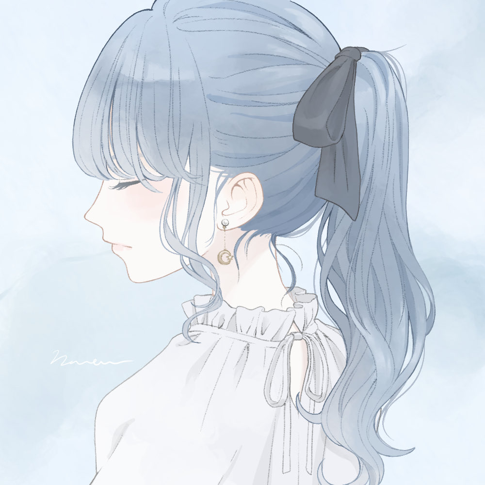 1girl, bangs, black_ribbon, blue_hair, closed_eyes, closed_mouth, crescent, crescent_earrings, dangle_earrings, dress, earrings, frilled_dress, frills, from_side, hair_behind_ear, hair_ribbon, jewelry, light_blue_background, light_blue_hair, light_blush, original, ponytail, ribbon, signature, solo, star_and_crescent, stud_earrings, white_dress, white_ribbon, yuum1709