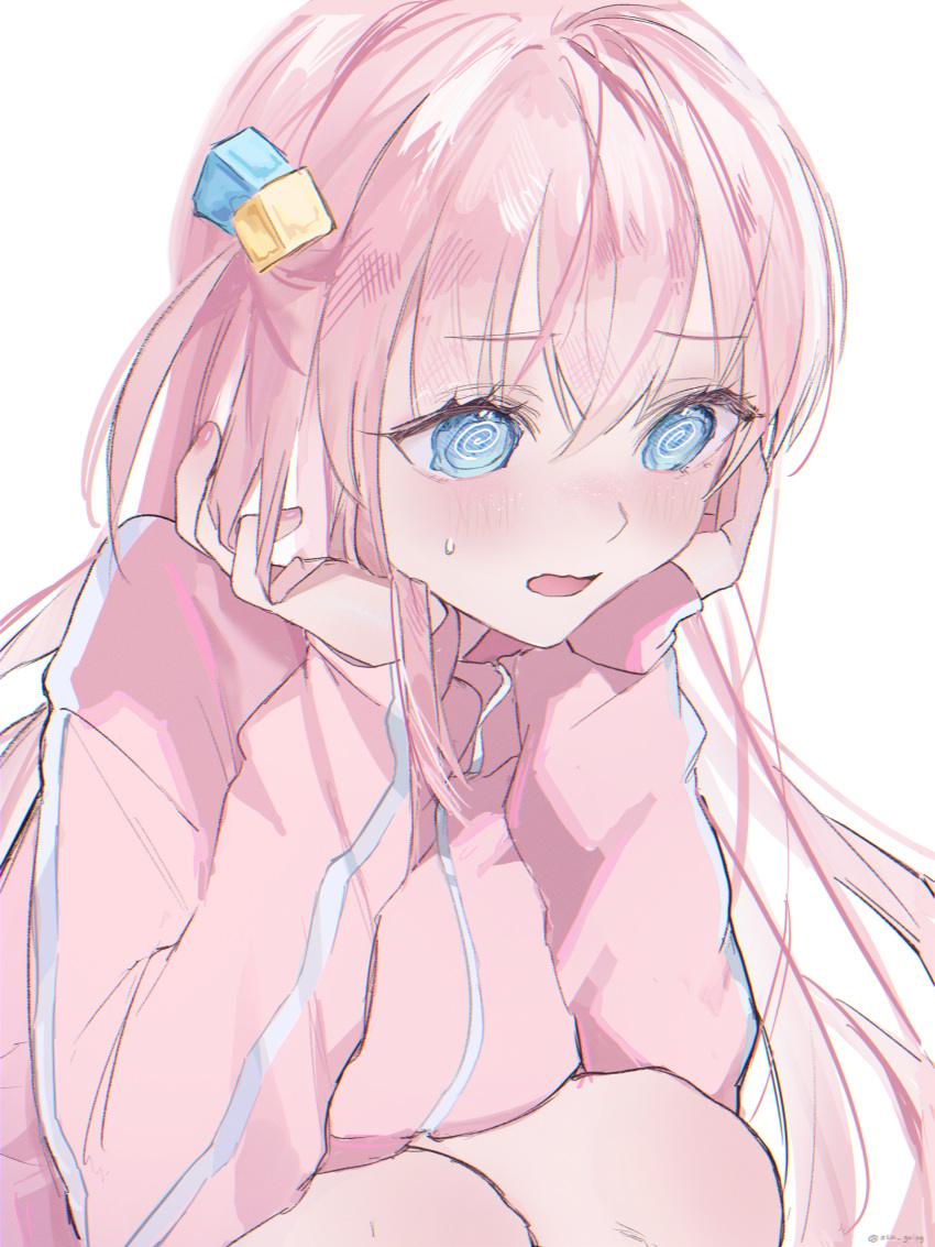 1girl, @_@, absurdres, asa_going, bangs, blue_eyes, bocchi_the_rock!, breasts, chromatic_aberration, cube_hair_ornament, fingernails, flustered, gotou_hitori, hair_between_eyes, hair_ornament, highres, jacket, knees_to_chest, long_hair, long_sleeves, one_side_up, open_mouth, pink_hair, pink_jacket, simple_background, sleeves_past_wrists, solo, sweatdrop, track_jacket, twitter_username, white_background