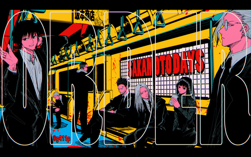 1girl, 411_(g411p), 6+boys, black_dress, black_hair, black_jacket, black_pants, black_suit